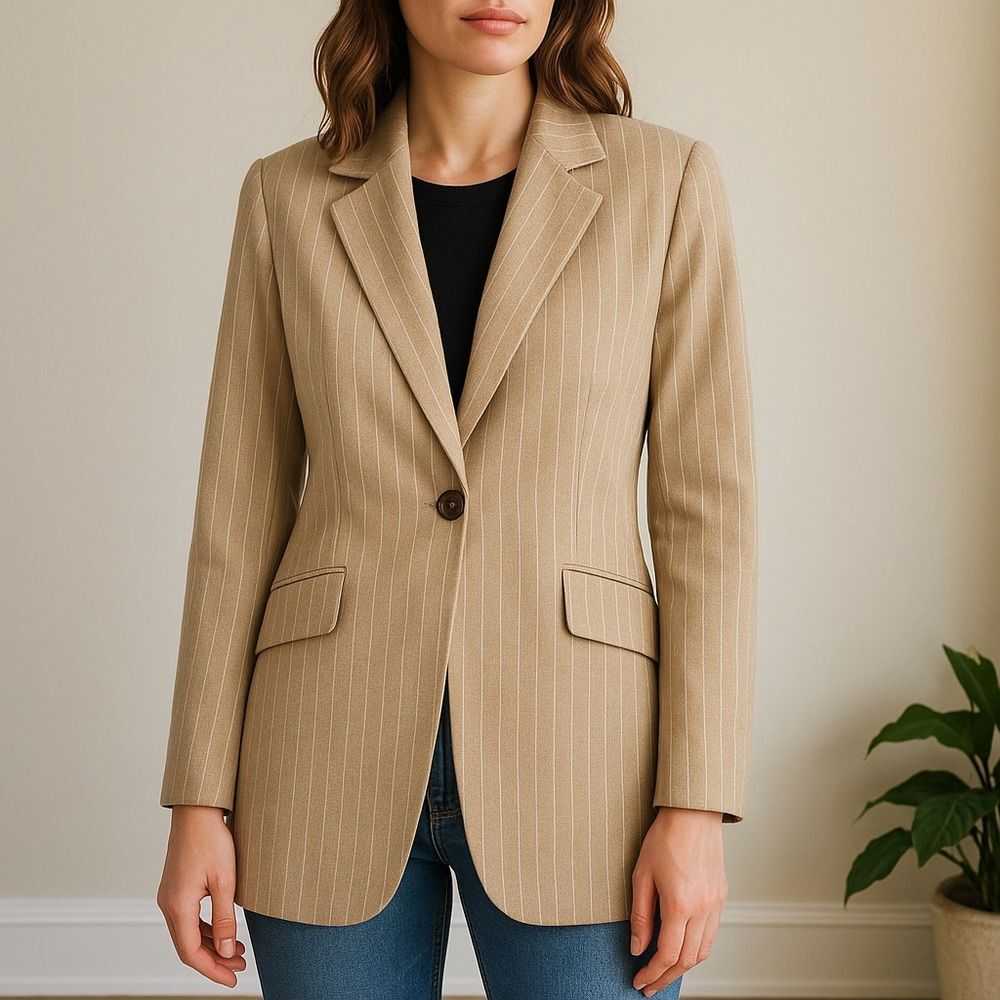 Lafayette 148 NY Tan Pinstripe Blazer Wool Blend Size 6 1-Button Lined Jacket